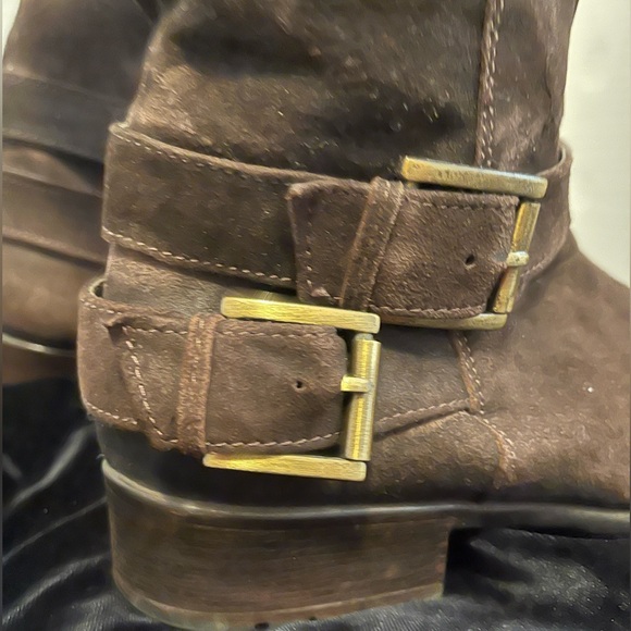 🤎 Clarks Plaza Steer Brown Knee High Boots 6.5 Leather Upper Suede Moto Comfy - Picture 4 of 9